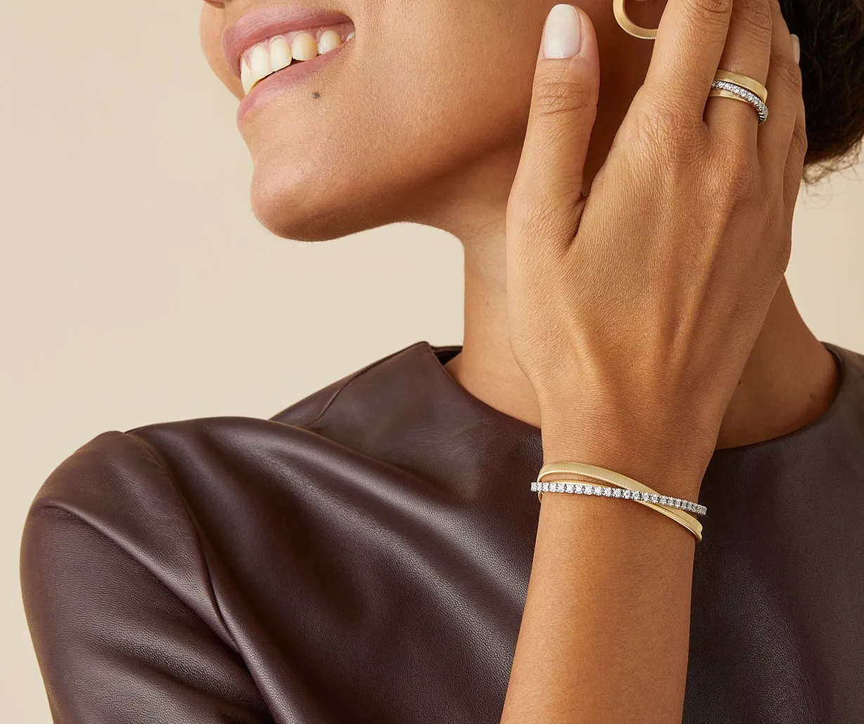 18K Yellow Gold 3-Strand Coil Bracelet With Diamonds
