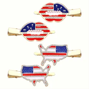 4th of July Patriotic Hair Clips Rhinestone American Flag Star Heart Bows Alligator Metal Clips Crystal Red White and Blue USA Independence Day Hairpins Hair Accessories for Women Girl