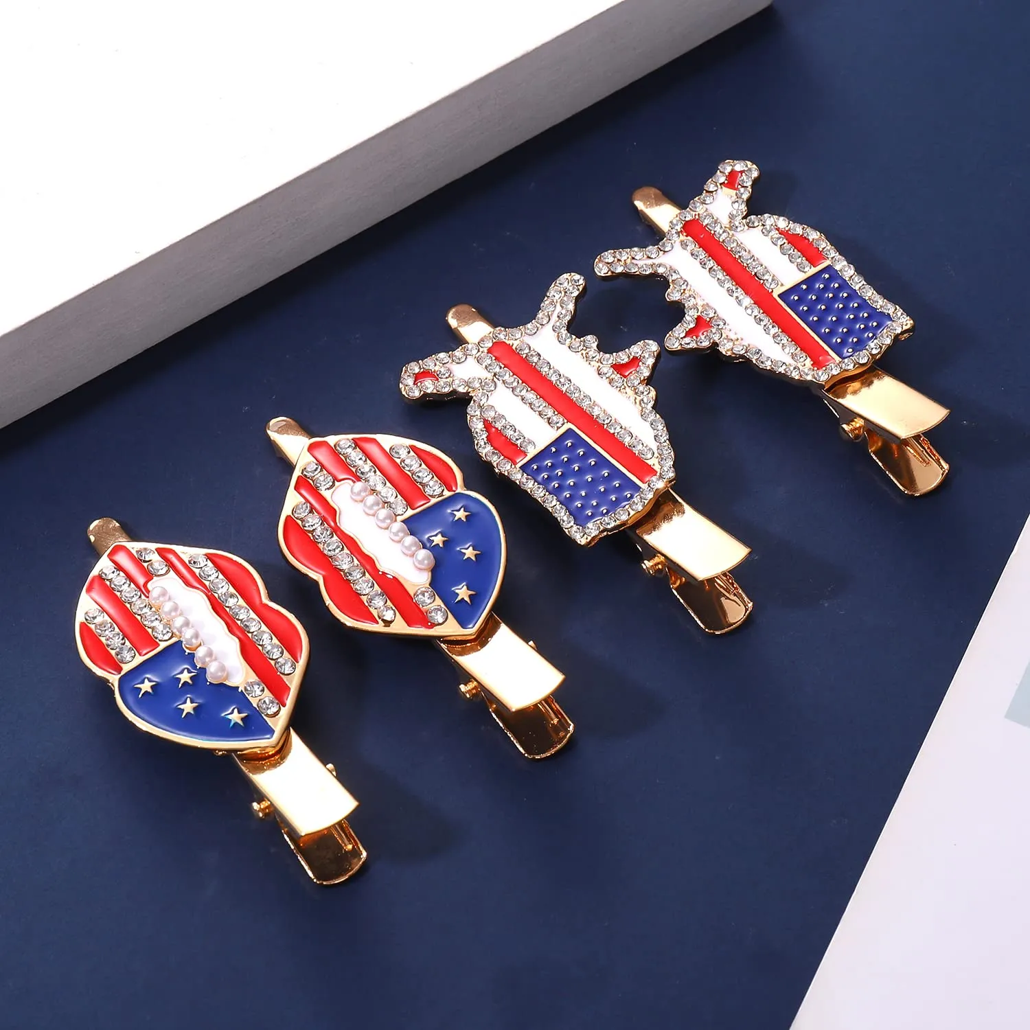4th of July Patriotic Hair Clips Rhinestone American Flag Star Heart Bows Alligator Metal Clips Crystal Red White and Blue USA Independence Day Hairpins Hair Accessories for Women Girl