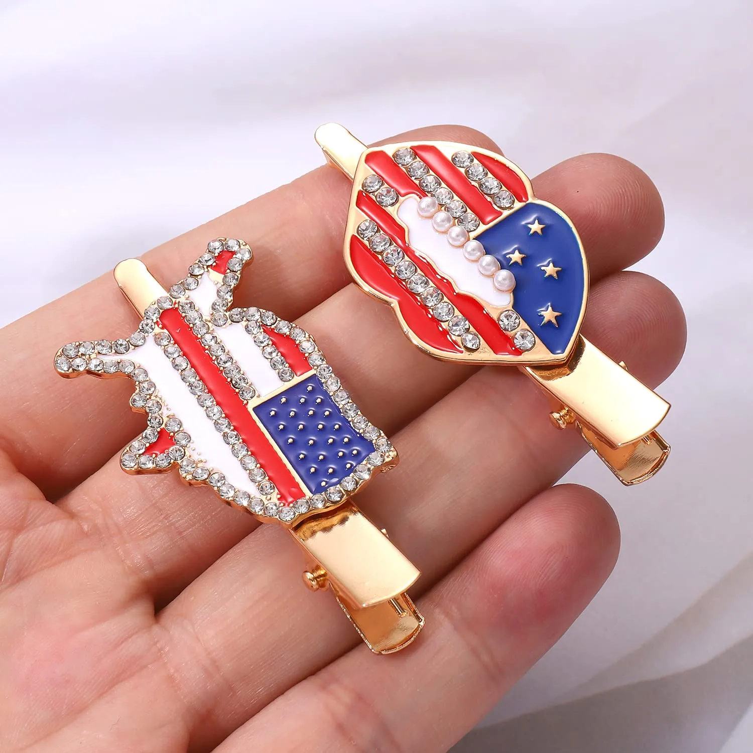 4th of July Patriotic Hair Clips Rhinestone American Flag Star Heart Bows Alligator Metal Clips Crystal Red White and Blue USA Independence Day Hairpins Hair Accessories for Women Girl