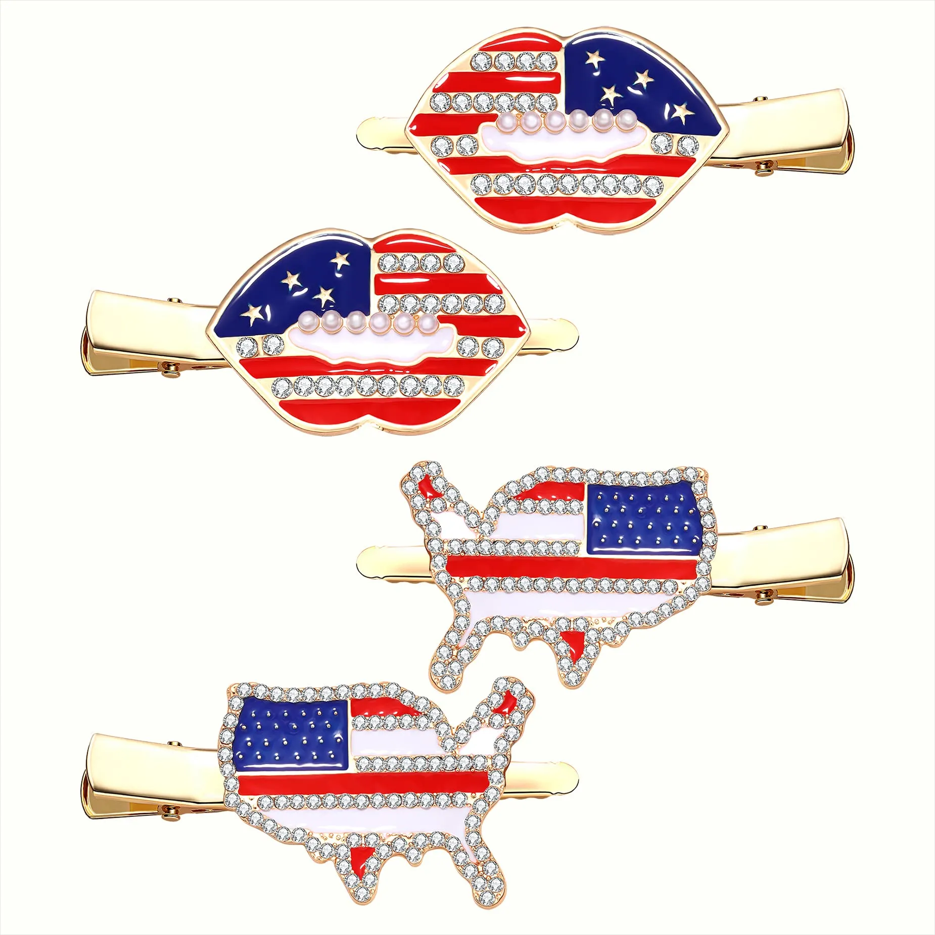4th of July Patriotic Hair Clips Rhinestone American Flag Star Heart Bows Alligator Metal Clips Crystal Red White and Blue USA Independence Day Hairpins Hair Accessories for Women Girl