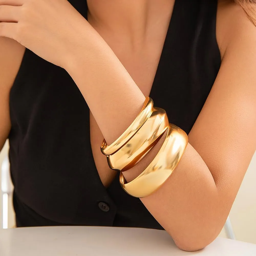 Denifery 3PCS Chunky Gold Bangle Bracelets Trendy Wide Chunky Cuff Bracelets Hammered Wrist Cuff Wrap Bracelet for Women