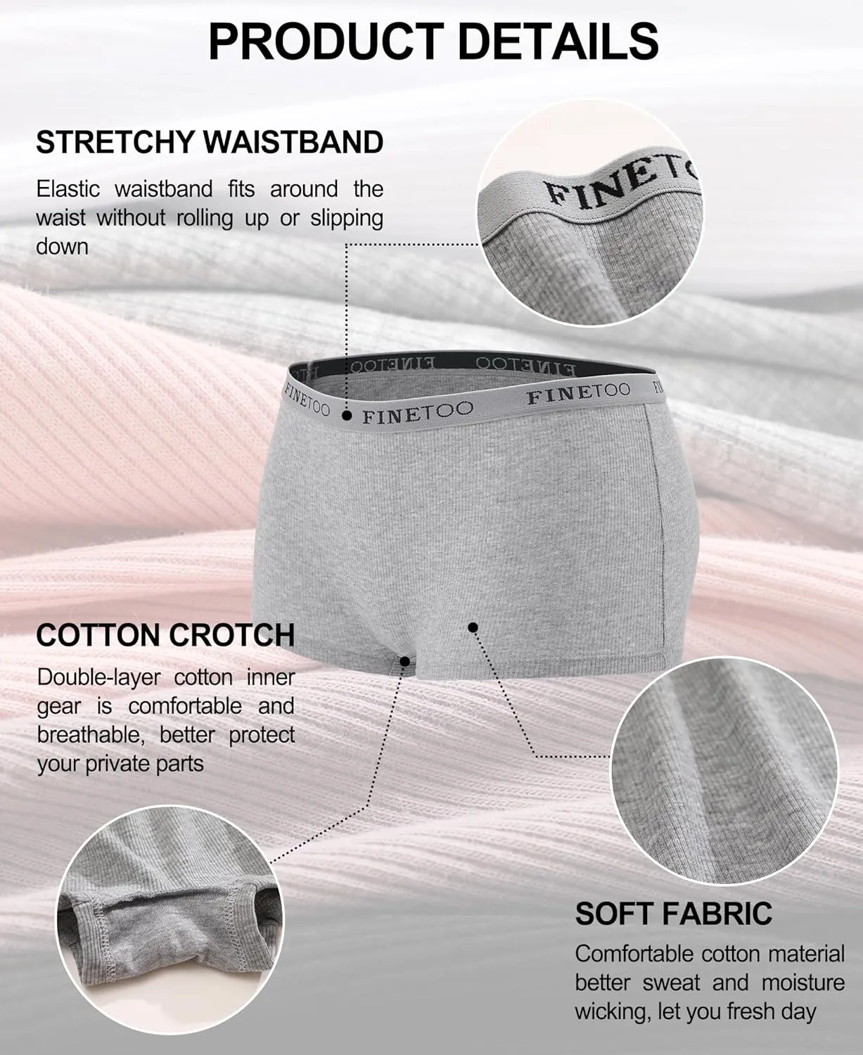 FINETOO Boyshort Underwear for Women Cotton Boxer Briefs Full Coverage Ladies BoyShorts Panties 5 Pack