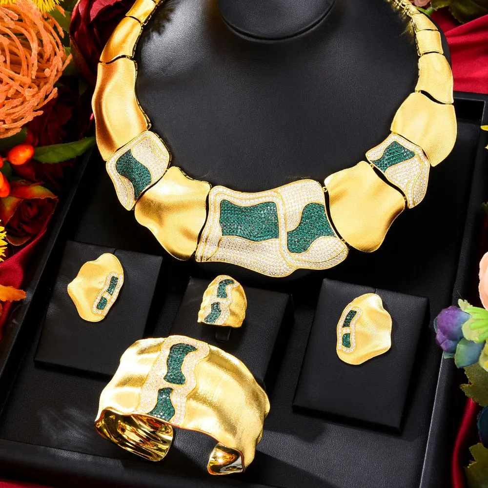 Missvikki Dubai Bridal Jewelry Set Luxury Gougeous Splicing Necklace Bangle Ring Earrings Set For Women Wedding Engagement Party