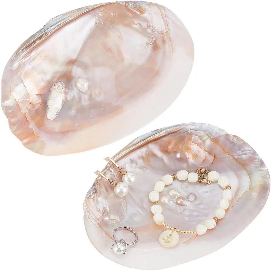 NBEADS 2 Pcs Natrual Shell Jewelry Dish Tray, Handcrafted Trinket Displays Dish Stand Decorative Seashell Bracelet Pendant Ring Organizer for Home Bathroom Table Decor