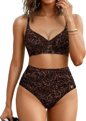 Popilush High Waisted Bikini Sets for Women Tummy Control Shapewear Swimsuit Ruched Push Up Two Piece Bathing Suit