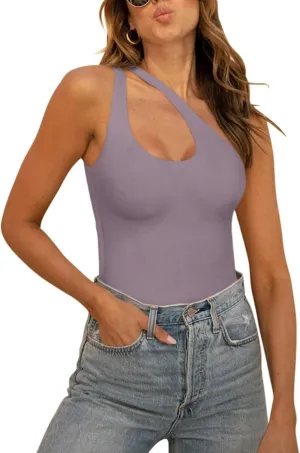 REORIA Butsmooth Women's Trendy Sexy Plunge One Shoulder Sleeveless V Backless Going Out Tank Bodysuits Tops