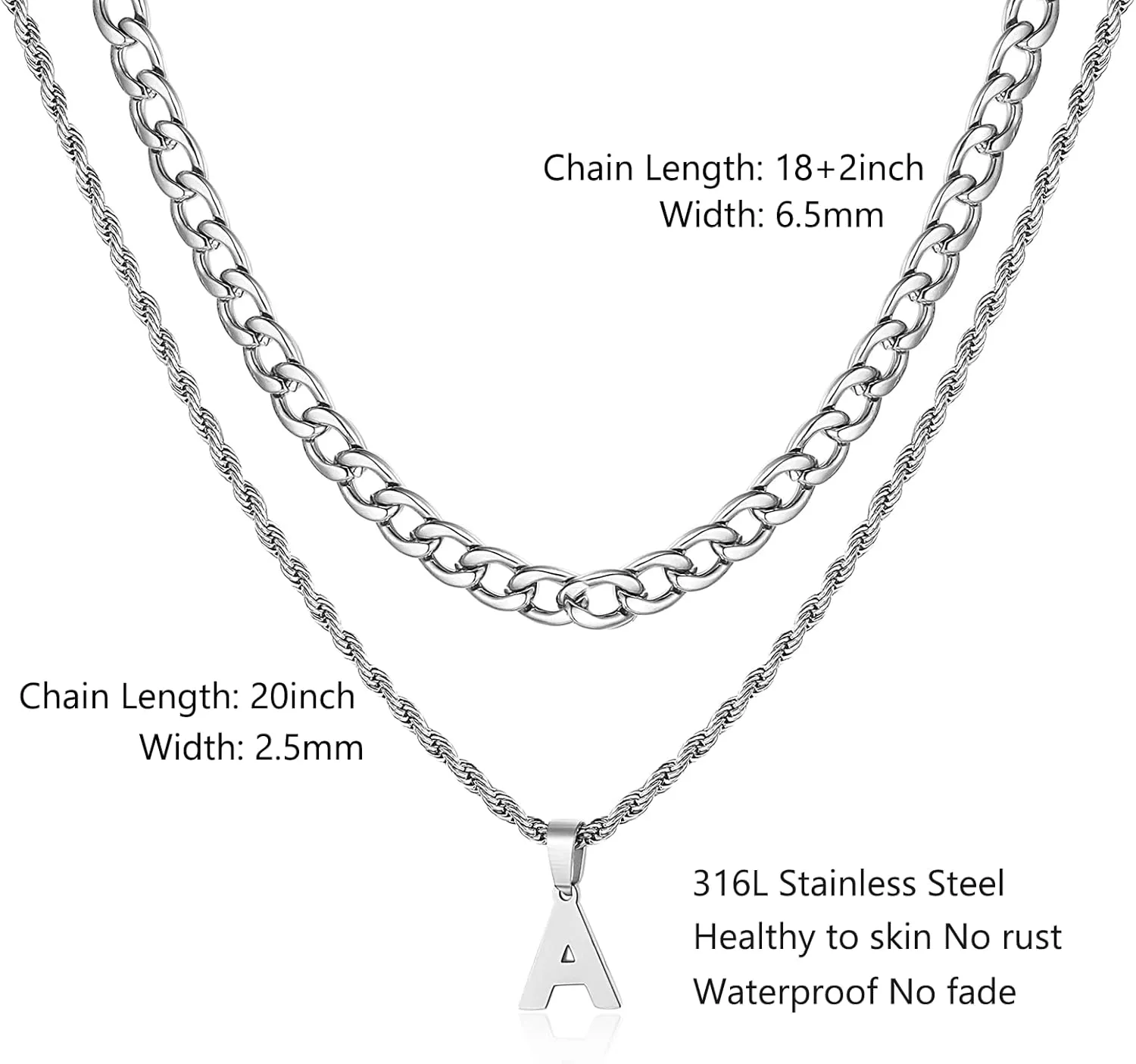 SENRAN Layered Initial A-Z Letter Necklace for Men Stainless Steel Figaro Twist Rope Chain18-20 inch Personalized Letter Charm Pendant Jewelry Gift for Women