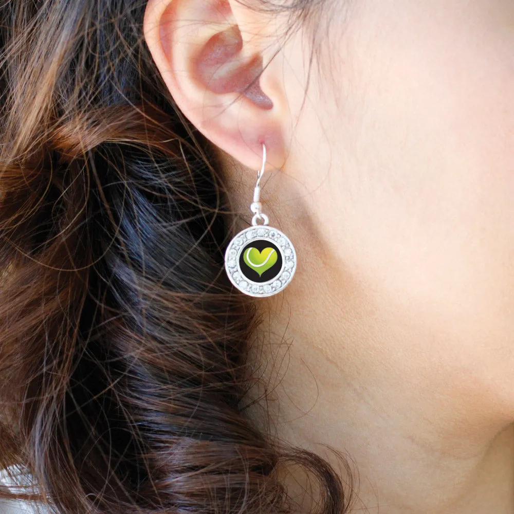 Silver Heart Of A Tennis Player Circle Charm Dangle Earrings