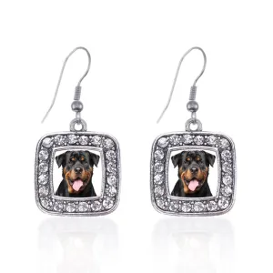 Silver Rottweiler Face Square Charm Dangle Earrings