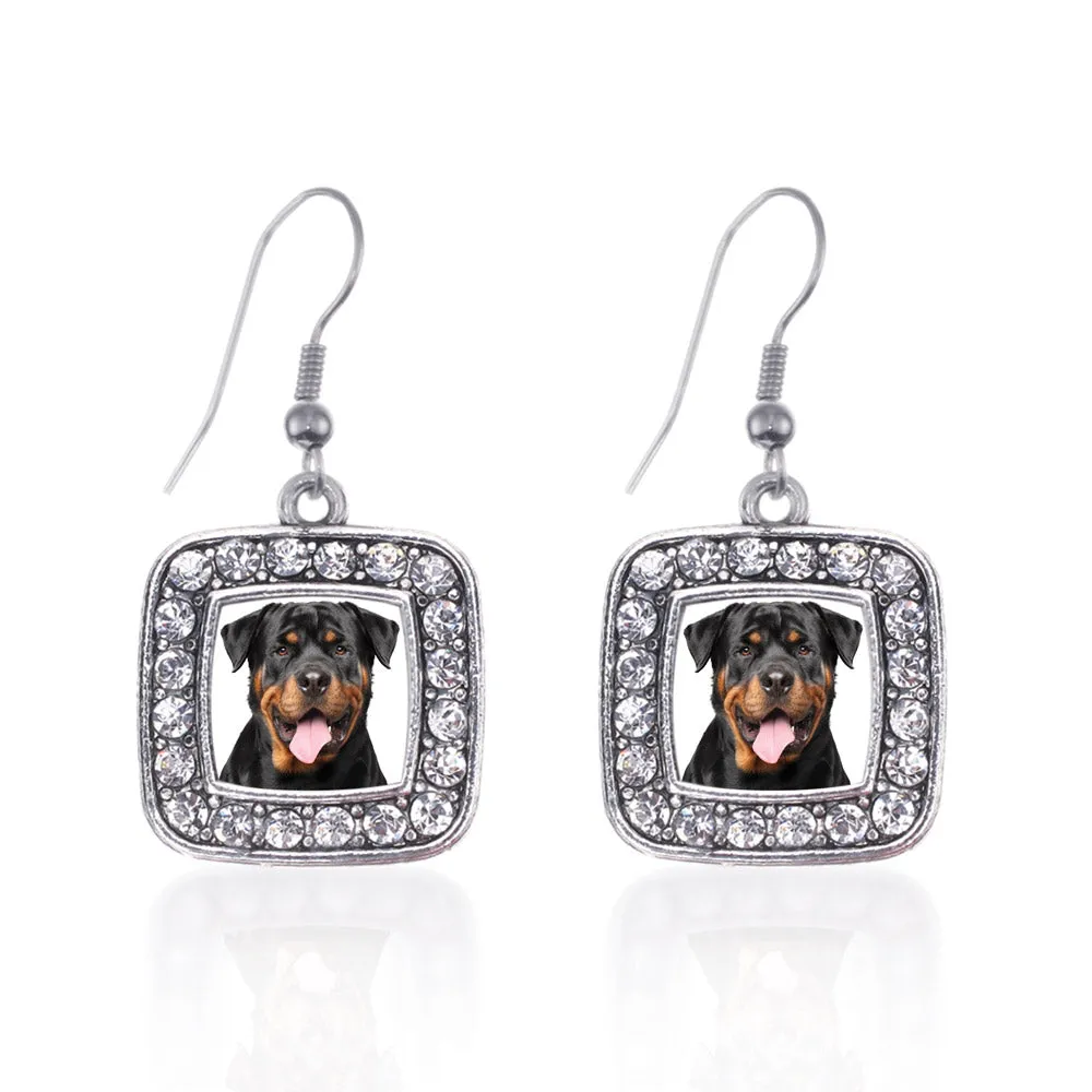 Silver Rottweiler Face Square Charm Dangle Earrings