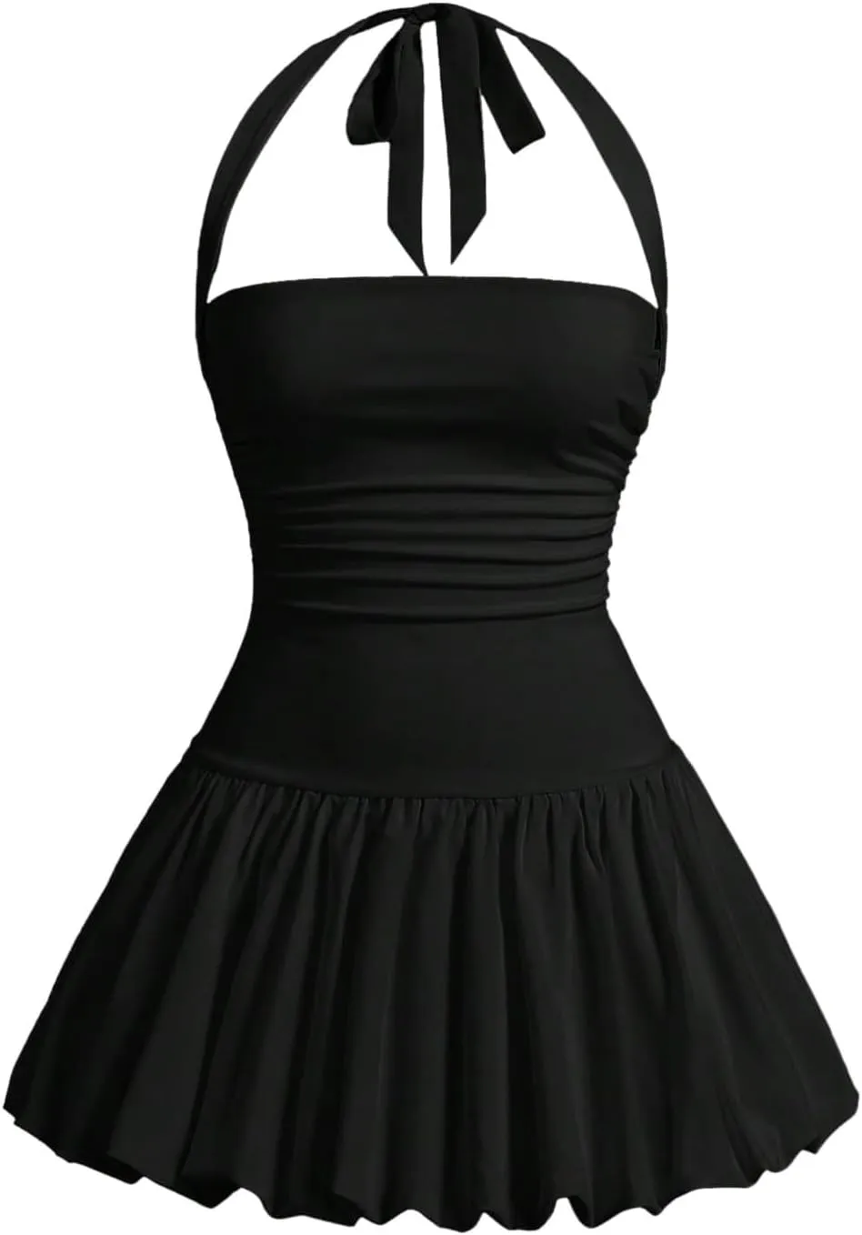 SOLY HUX Women's Bubble Mini Dress Y2K Halter Backless Club Party Graduation Short Dresses with Shorts Underneath