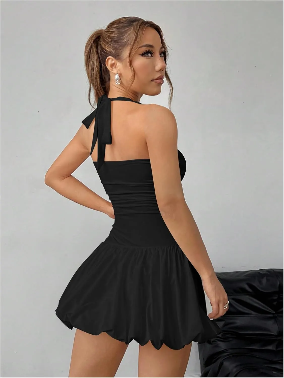 SOLY HUX Women's Bubble Mini Dress Y2K Halter Backless Club Party Graduation Short Dresses with Shorts Underneath