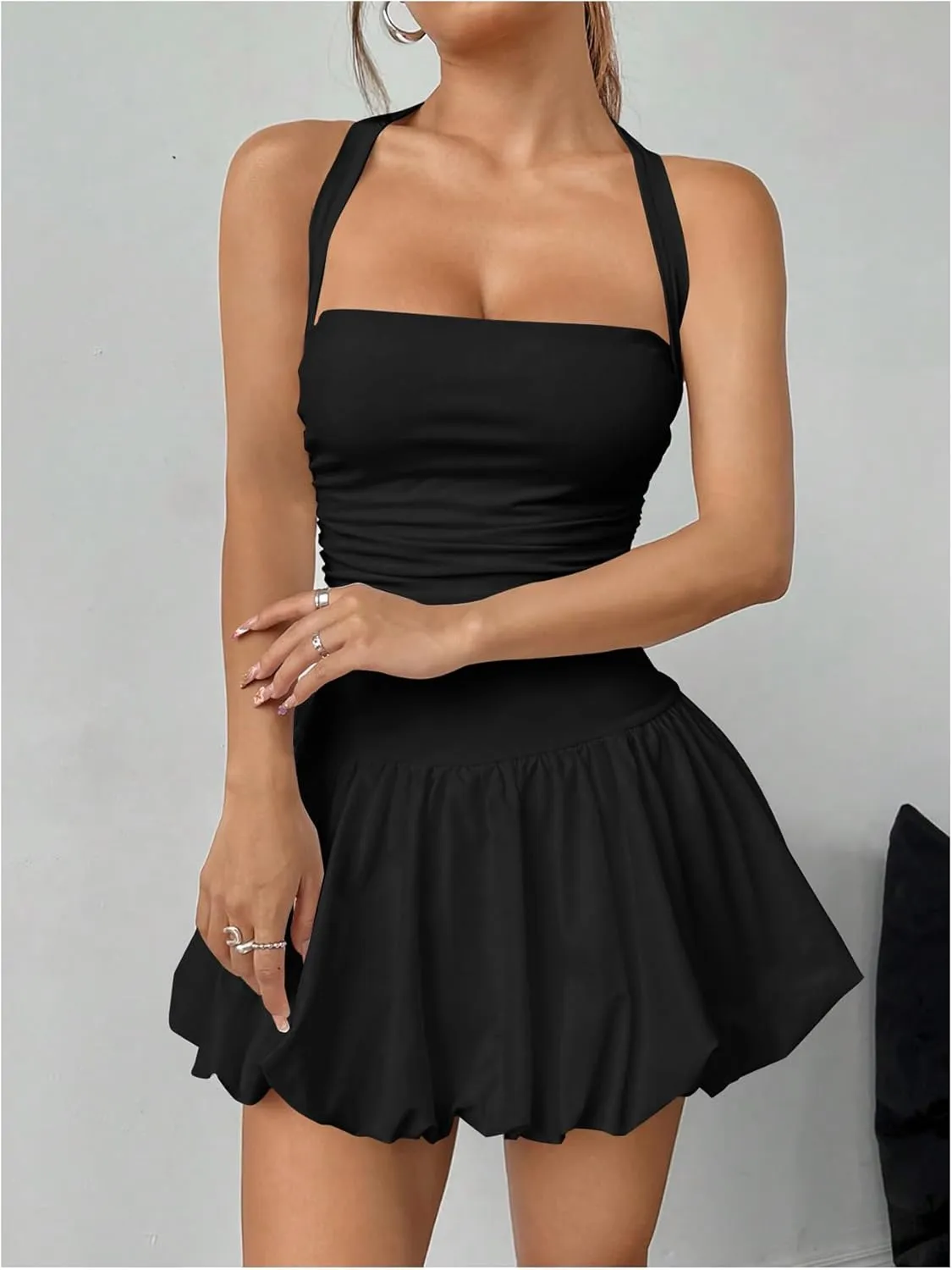 SOLY HUX Women's Bubble Mini Dress Y2K Halter Backless Club Party Graduation Short Dresses with Shorts Underneath