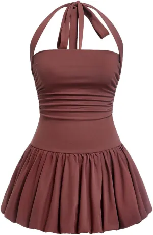SOLY HUX Women's Bubble Mini Dress Y2K Halter Backless Club Party Graduation Short Dresses with Shorts Underneath
