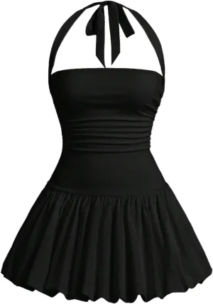SOLY HUX Women's Bubble Mini Dress Y2K Halter Backless Club Party Graduation Short Dresses with Shorts Underneath