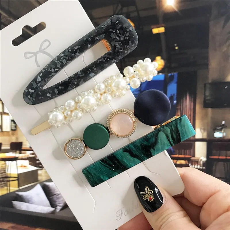 Wenkouban 3PCS/Set Korean Acrylic Hair Clips For Women Hair Accessories Fashion Jewelry Simulated Pearl Hairpins Geometric Gold Barrettes