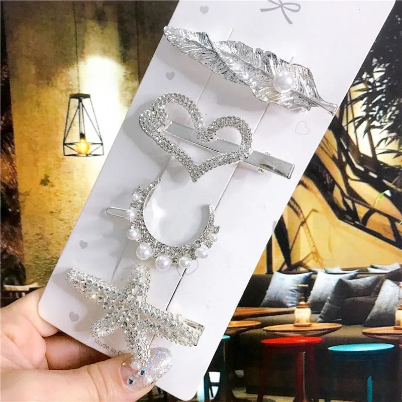 Wenkouban 4PCS Hair Accessories Gold Silver Hair Clips Set Vintage Feather Starfish Crystal Pearls Hairpin For Women Fashion Headwear 2022